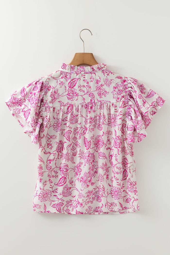 Pink Baroque Floral Ruffle Sleeve V-Neck Blouse Top - Tops/Blouses & Shirts