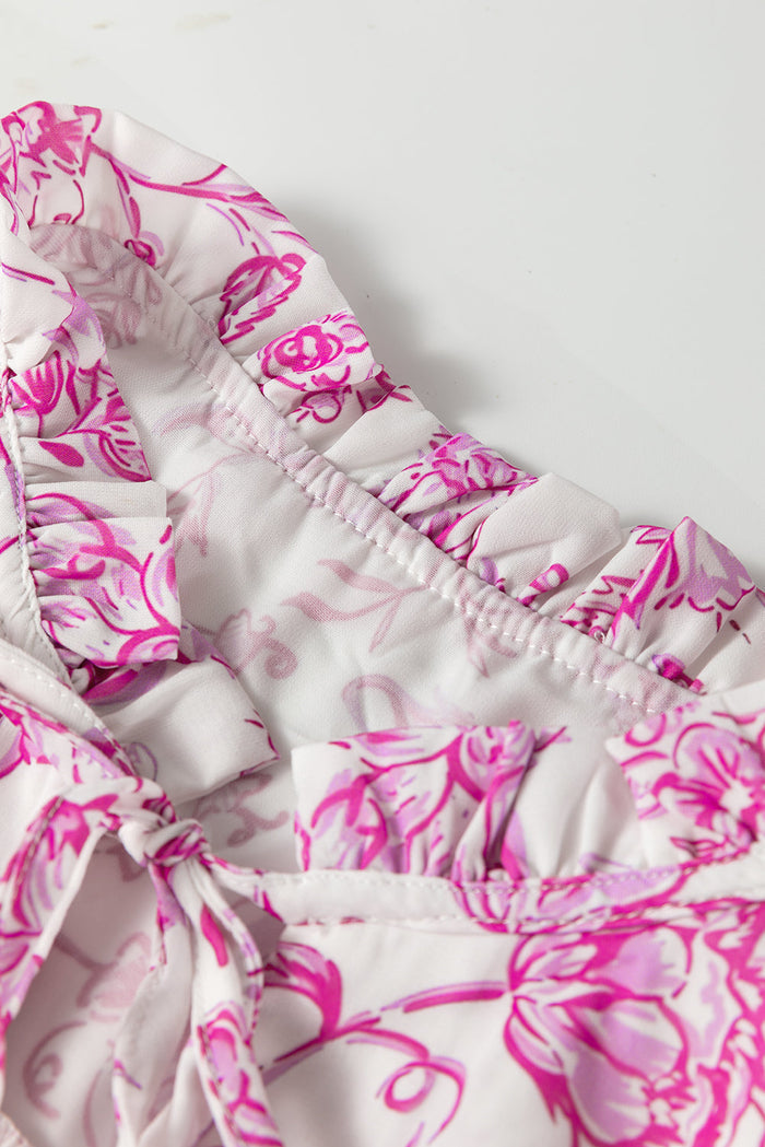 Pink Baroque Floral Ruffle Sleeve V-Neck Blouse Top - Tops/Blouses & Shirts