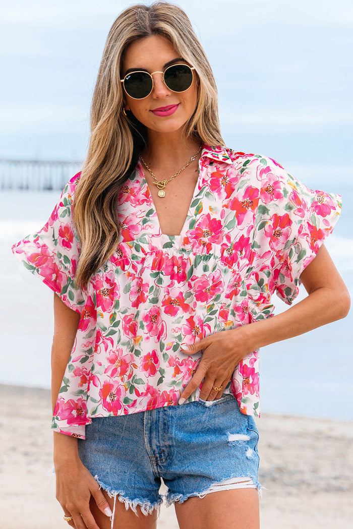 Pink Floral Boxy Fit Ruffled Short Sleeve V Neck Blouse - S / 100% Polyester - Tops/Blouses & Shirts