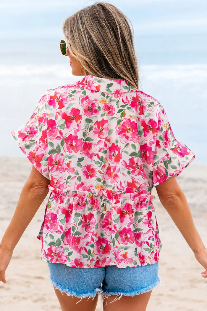Pink Floral Boxy Fit Ruffled Short Sleeve V Neck Blouse - Tops/Blouses & Shirts