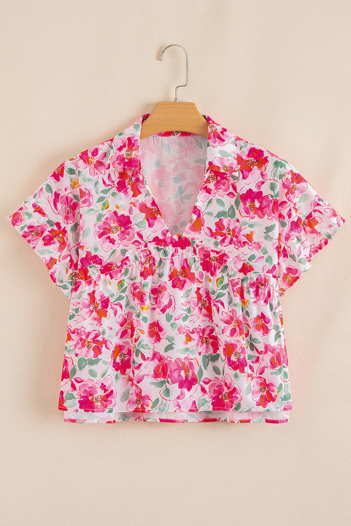 Pink Floral Boxy Fit Ruffled Short Sleeve V Neck Blouse - Tops/Blouses & Shirts