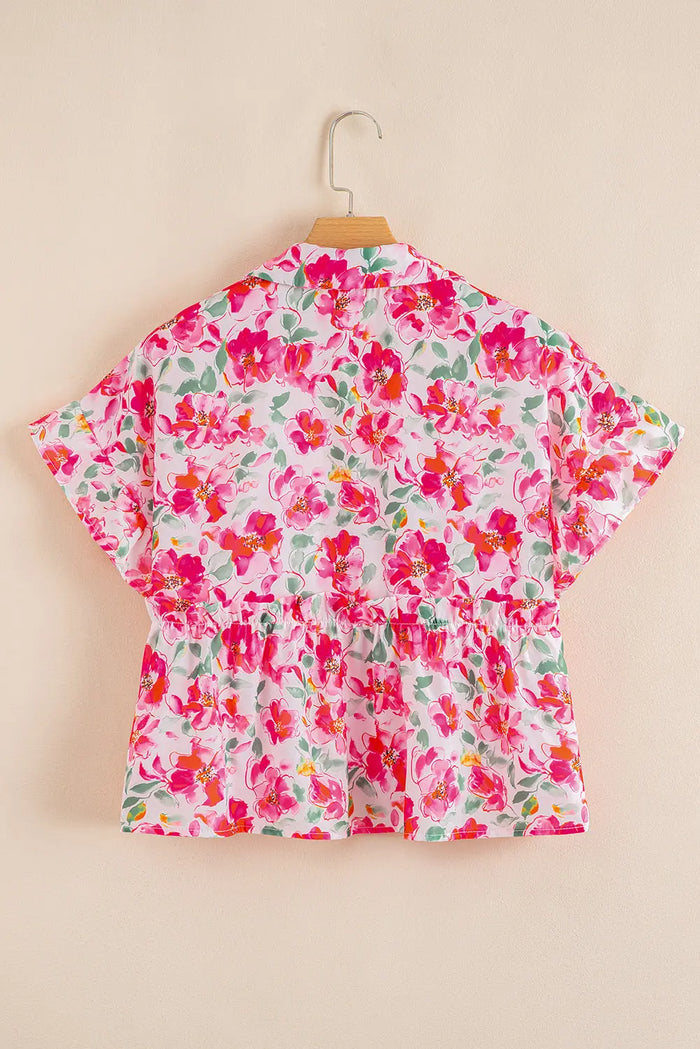 Pink Floral Boxy Fit Ruffled Short Sleeve V Neck Blouse - Tops/Blouses & Shirts