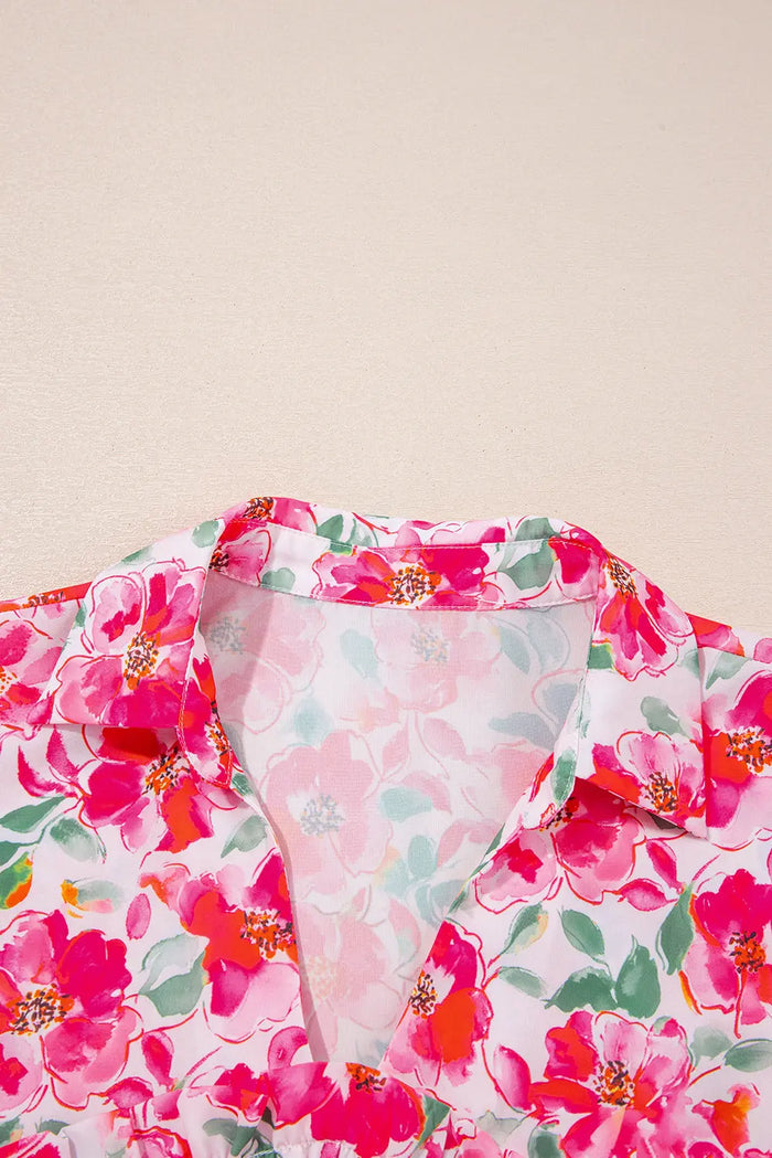 Pink Floral Boxy Fit Ruffled Short Sleeve V Neck Blouse - Tops/Blouses & Shirts