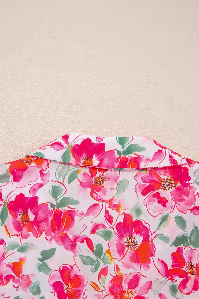 Pink Floral Boxy Fit Ruffled Short Sleeve V Neck Blouse - Tops/Blouses & Shirts