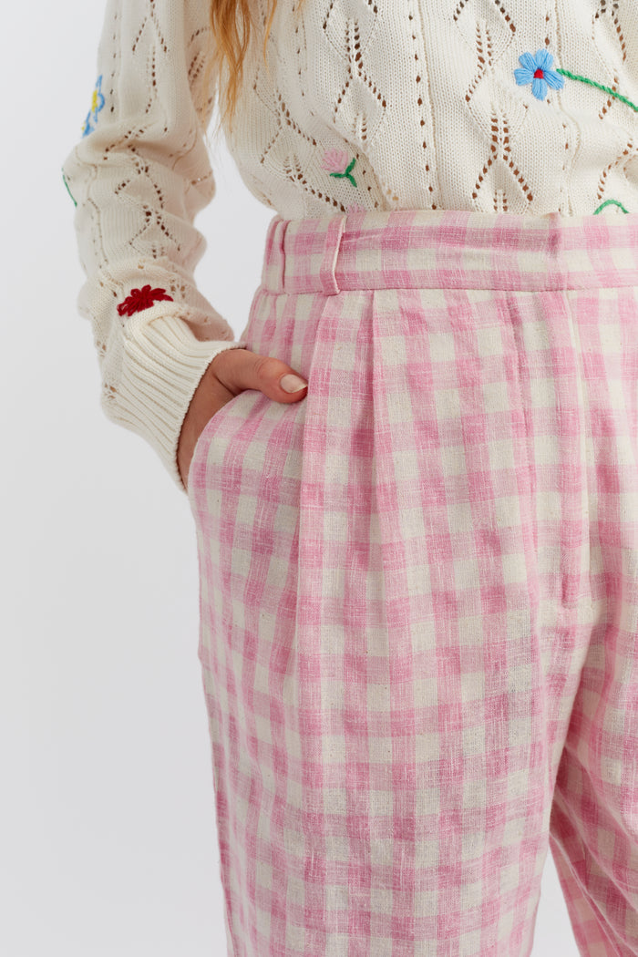 Pink Linen-Blend Gingham Trousers