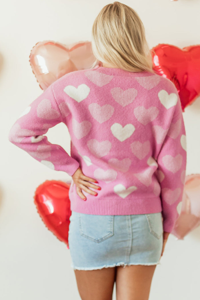 Pink Pearled Heart Print Valentines Crew Neck Sweater - Sweaters & Cardigans/Sweaters
