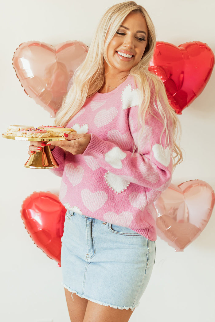 Pink Pearled Heart Print Valentines Crew Neck Sweater - Sweaters & Cardigans/Sweaters