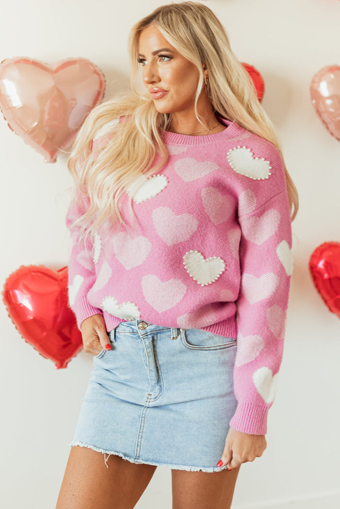 Pink Pearled Heart Print Valentines Crew Neck Sweater - Sweaters & Cardigans/Sweaters
