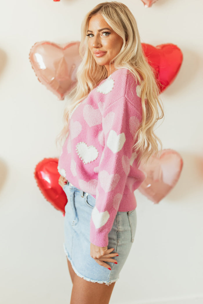 Pink Pearled Heart Print Valentines Crew Neck Sweater - Sweaters & Cardigans/Sweaters