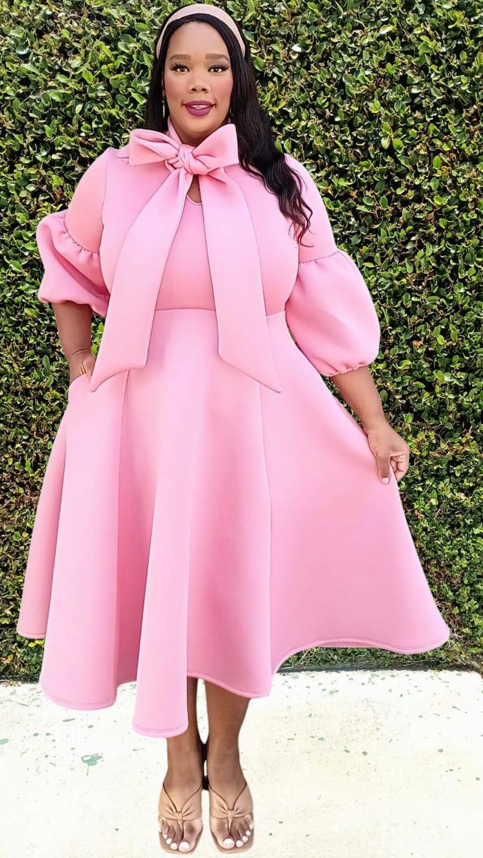 Plus Size 3/4 Bishop Sleeves Big Bow Neck Flare Midi Dress