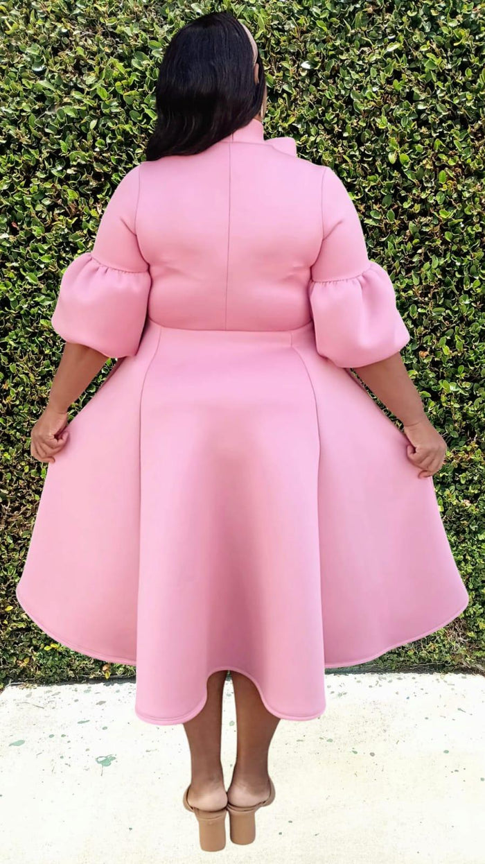 Plus Size 3/4 Bishop Sleeves Big Bow Neck Flare Midi Dress