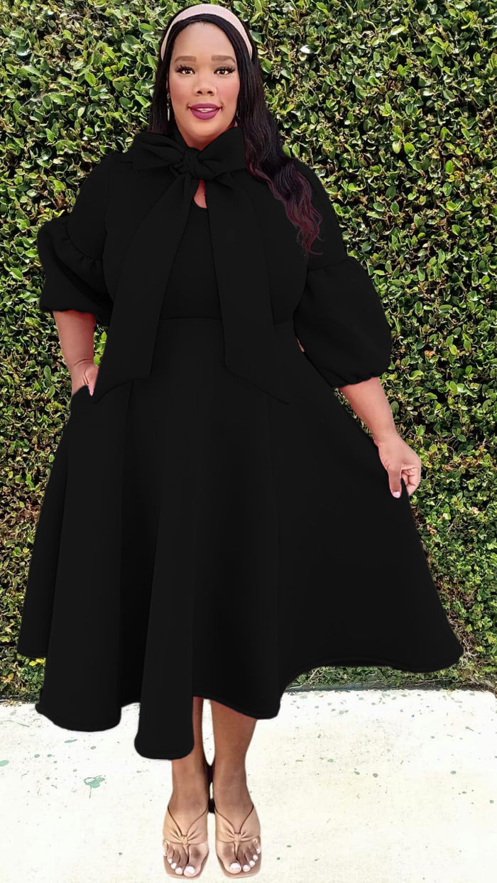 Plus Size 3/4 Bishop Sleeves Big Bow Neck Flare Midi Dress