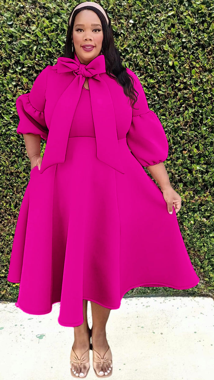 Plus Size 3/4 Bishop Sleeves Big Bow Neck Flare Midi Dress