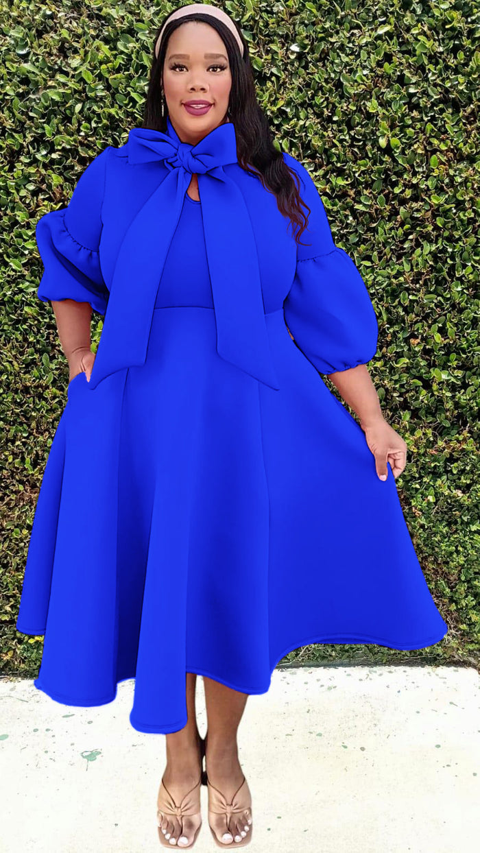 Plus Size 3/4 Bishop Sleeves Big Bow Neck Flare Midi Dress