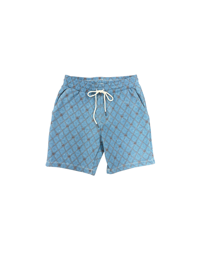 Blue shorts with a pattern on a white background