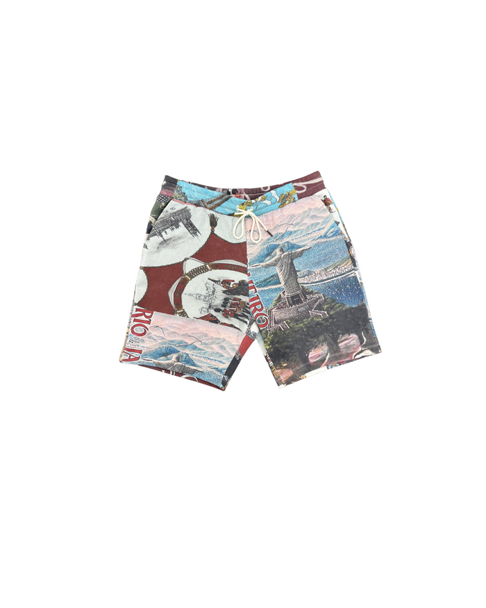 Colorful shorts with a collage design on a white background