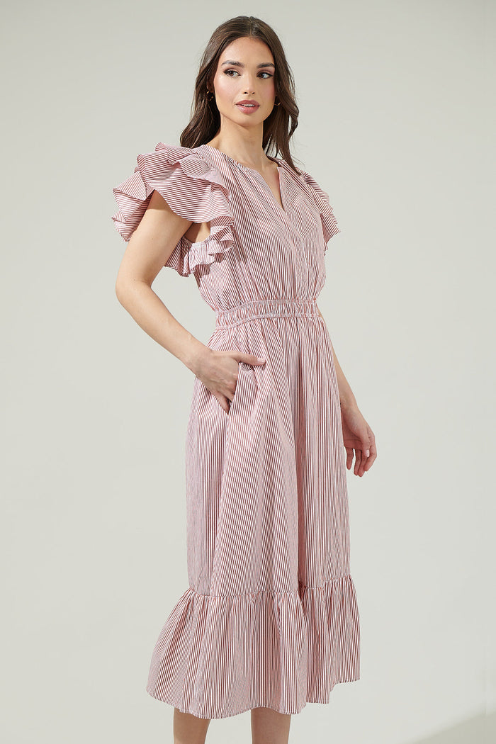 Priscilla Striped Jelina Ruffle Sleeve Midi Dress