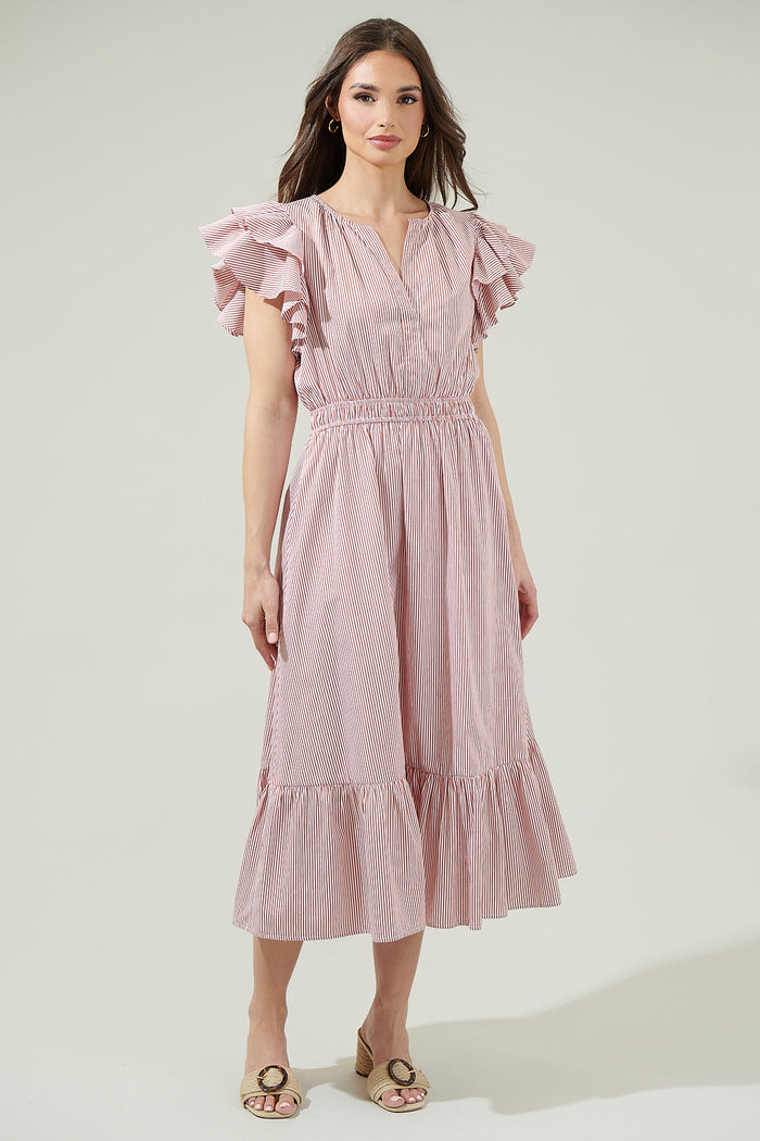 Priscilla Striped Jelina Ruffle Sleeve Midi Dress