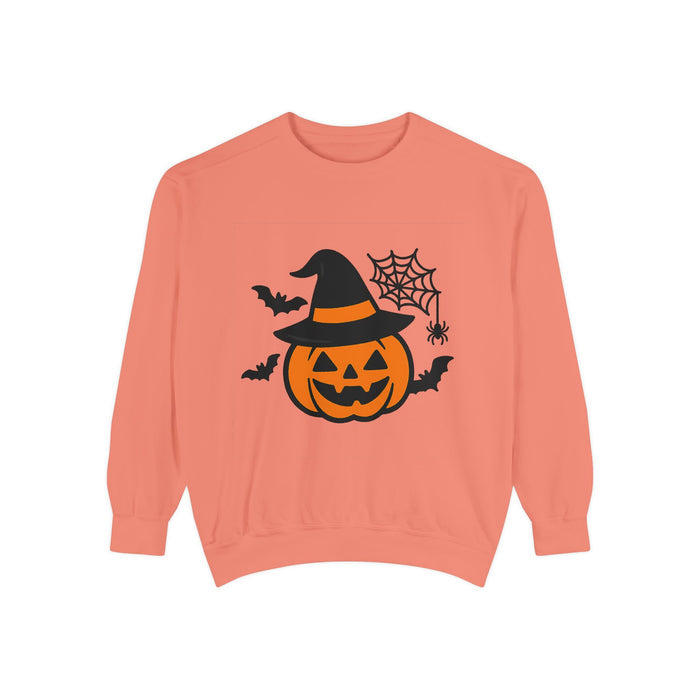 Pumpkin sweatshirt in Terracotta with witch hat, bats and spider web graphic shown in the product view for Halloween styling.