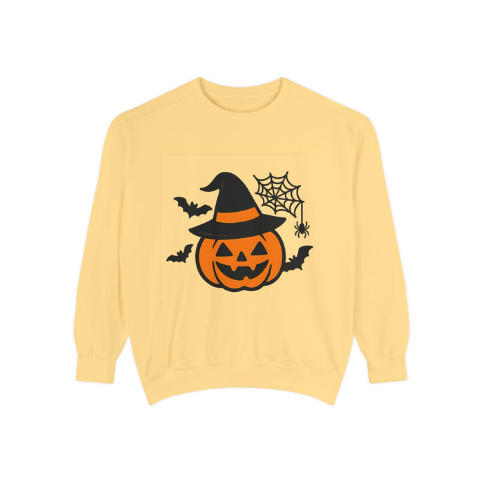 Woman in festive Halloween sweatshirt walking through a pumpkin patch on a sunny day