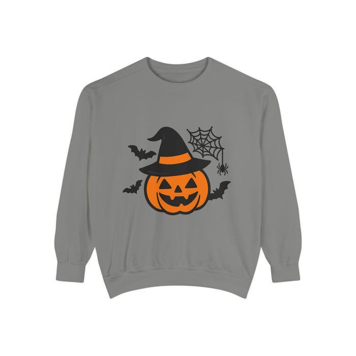 Gray pumpkin sweatshirt with witch hat, bats and spider graphic shown on a white background for a Halloween color comparison.