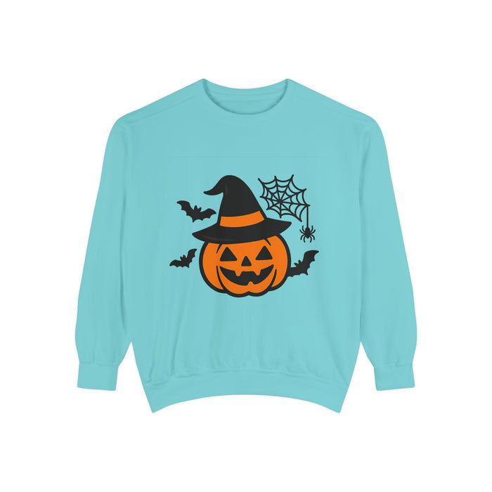 Chalky Mint pumpkin sweatshirt with witch hat, bats and spider web graphic shown on white background for seasonal comparison.