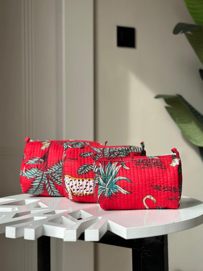 Quilted Toiletry Bags- Red Jungle