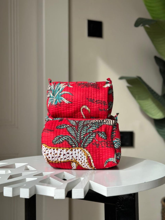 Quilted Toiletry Bags- Red Jungle