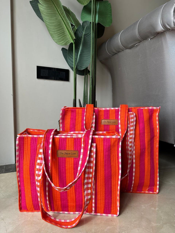 Quilted Tote Bag- Pink Orange Stripes