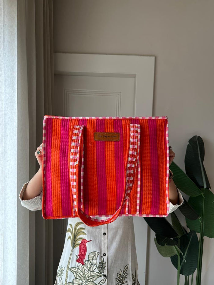 Quilted Tote Bag- Pink Orange Stripes