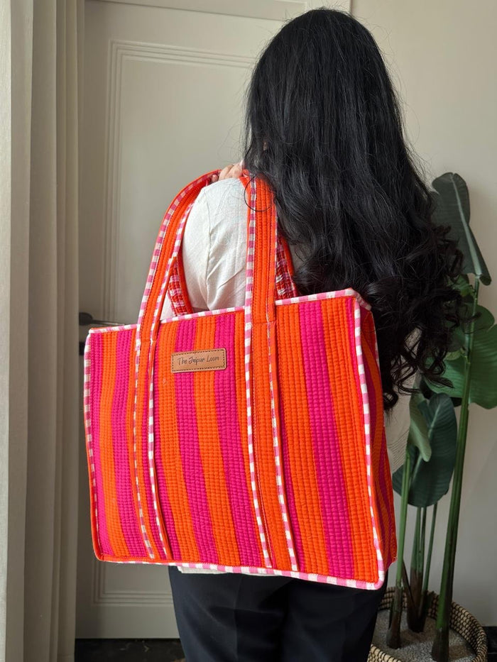 Quilted Tote Bag- Pink Orange Stripes