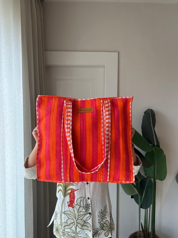 Quilted Tote Bag- Pink Orange Stripes