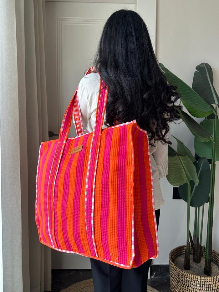 Quilted Tote Bag- Pink Orange Stripes