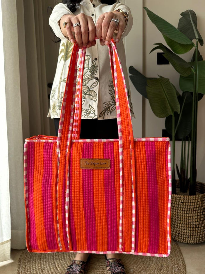 Quilted Tote Bag- Pink Orange Stripes