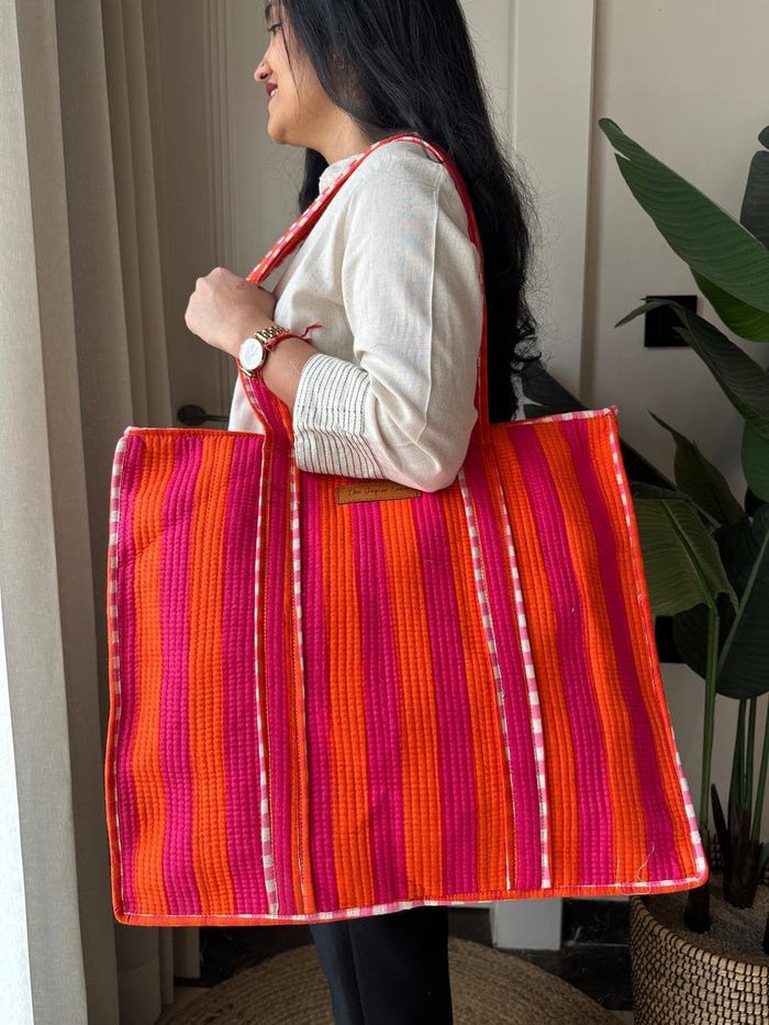 Quilted Tote Bag- Pink Orange Stripes