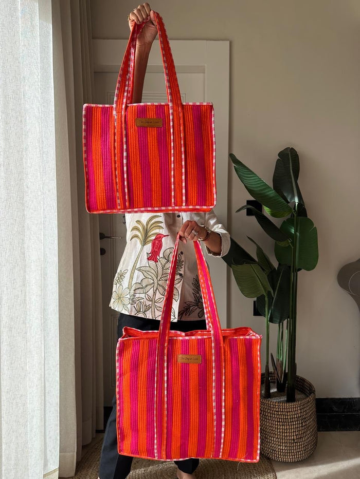 Quilted Tote Bag- Pink Orange Stripes