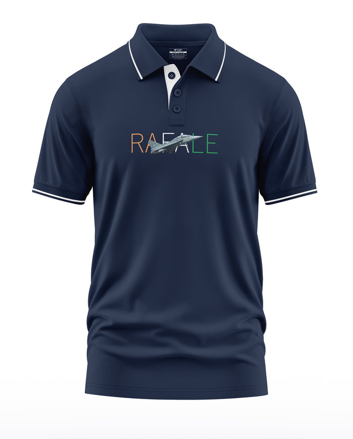 Navy blue men's polo t-shirt with Rafale jet and tricolor lettering on chest