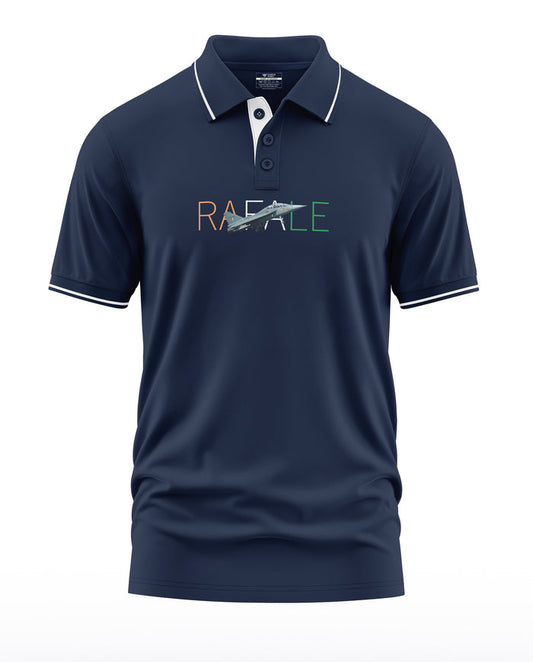 Navy blue men's polo t-shirt with Rafale jet and tricolor lettering on chest