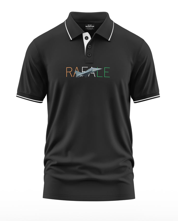 Black polo t-shirt with Rafale fighter jet graphic and tricolor text on chest