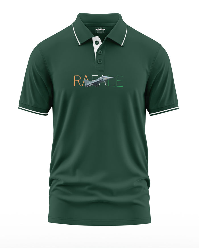 Dark green polo t-shirt with white trim, Rafale jet and text graphic on chest