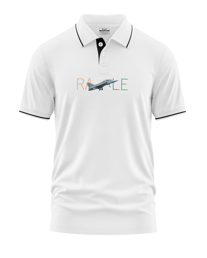 White polo t-shirt with black trim, featuring a jet graphic and the text 'RAFALE' on the chest.