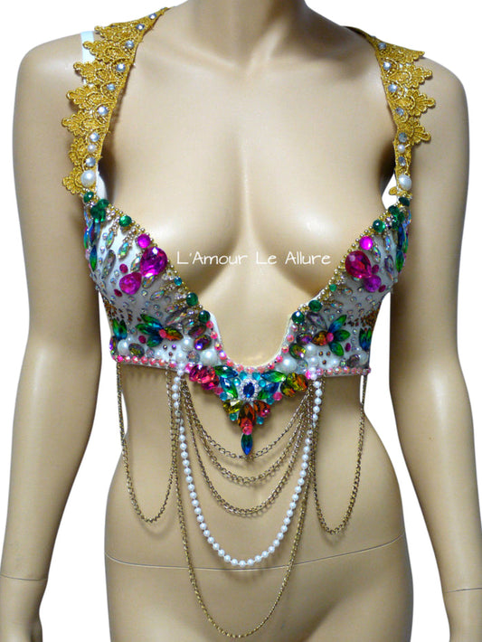 Rainbow Rhinestone Plunge Bra with Chains and Beading