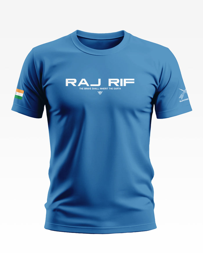Men's blue army-inspired crew neck t-shirt with RAJ RIF text and Indian flag sleeve detail