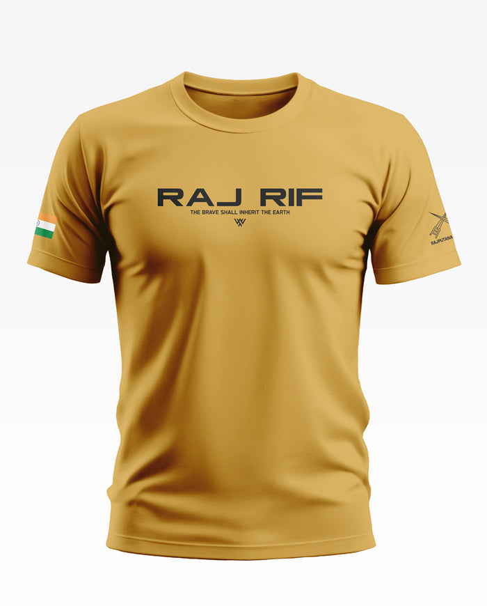 Yellow men's t-shirt with 'RAJ RIF' printed on front, Indian flag on sleeve, army style