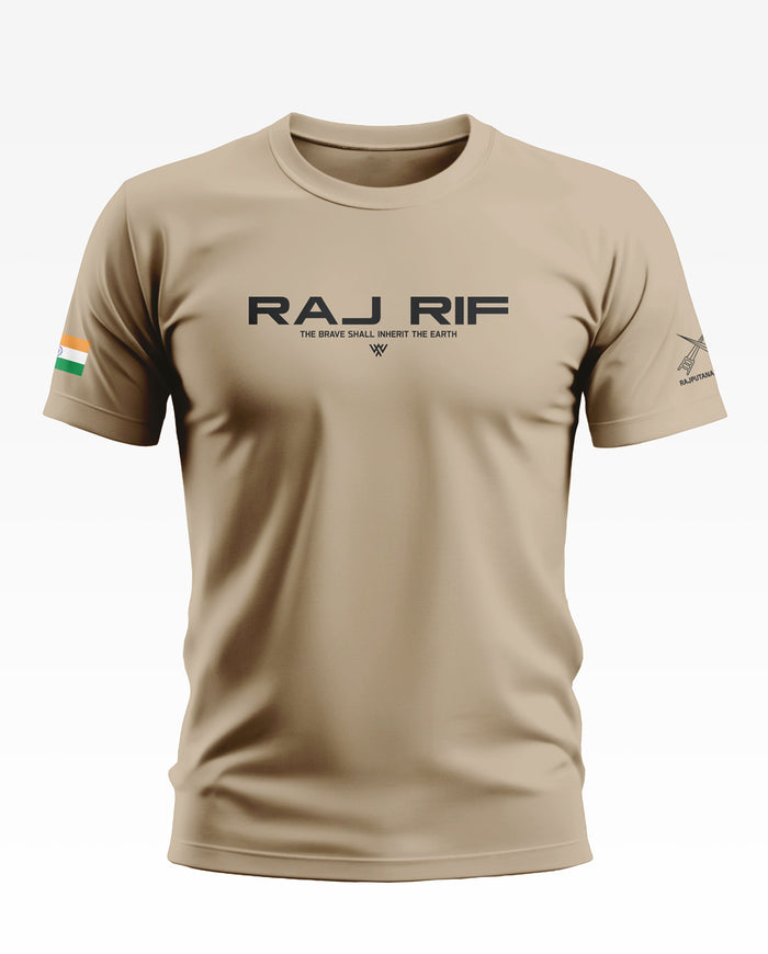 Beige men's t-shirt with RAJ RIF text, Indian flag sleeve patch, and army-inspired design.