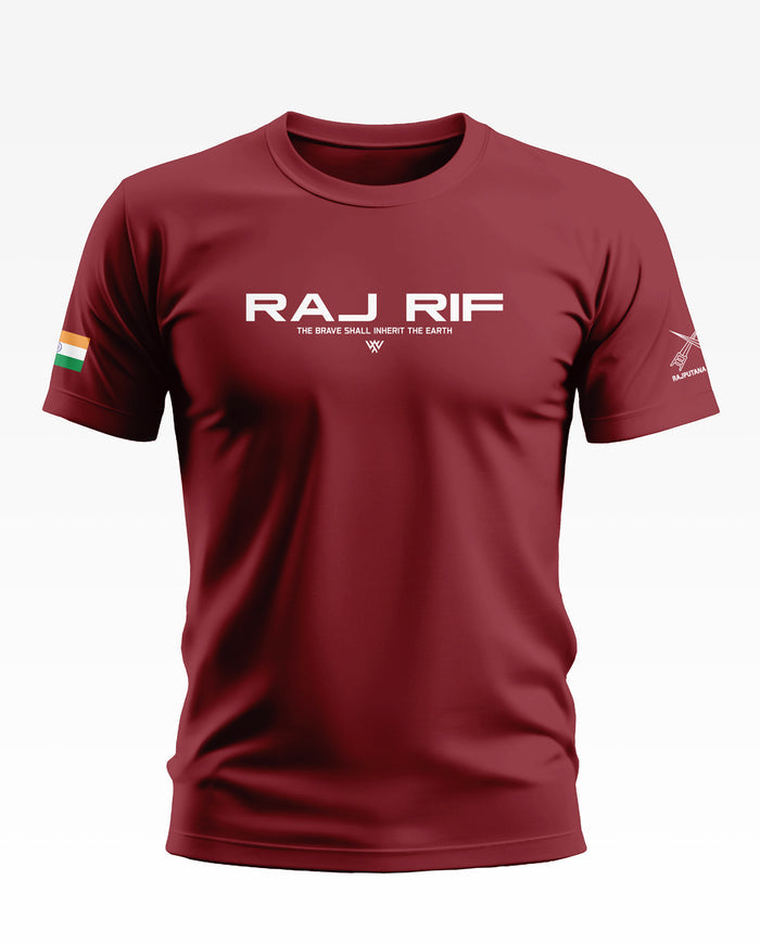 Maroon men's t-shirt with RAJ RIF text, Indian flag on sleeve, and military-inspired design