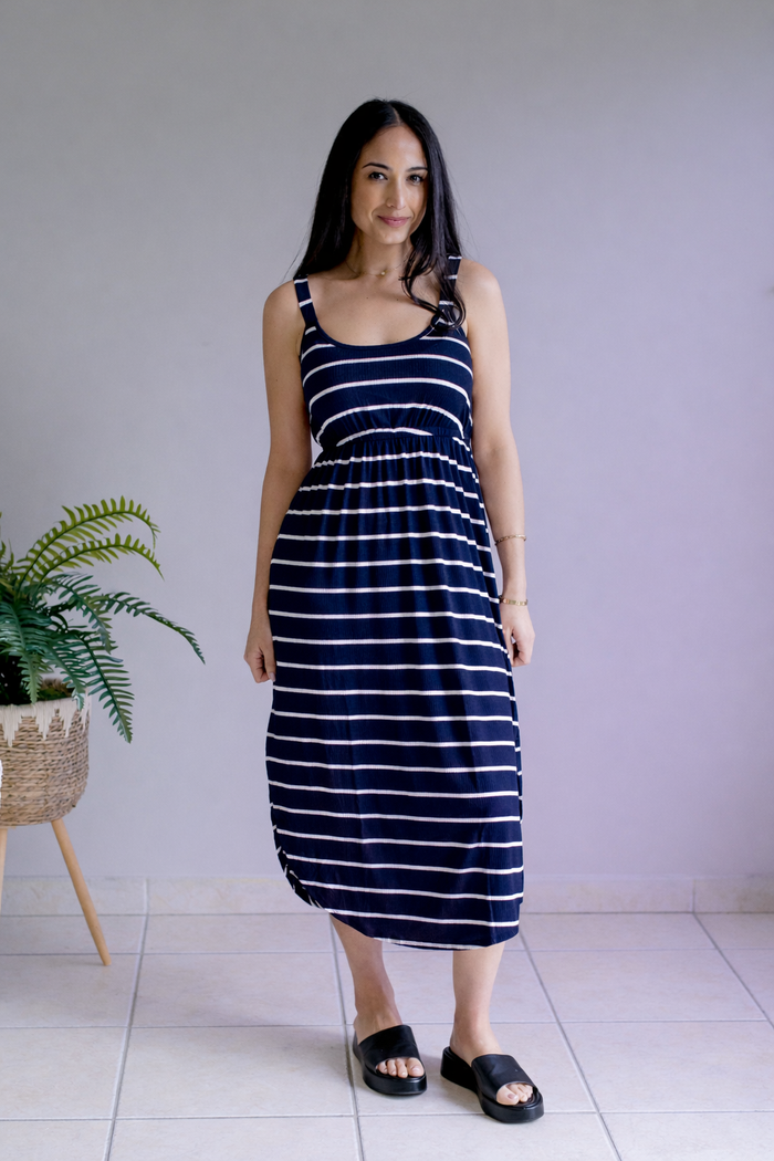 Reagan Ribbed Stripe Dress Navy by Michelle Mae