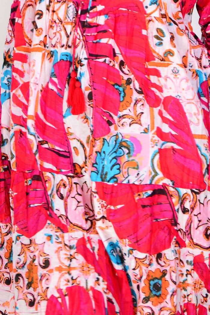 Pink Rebecca tie-neck tunic dress by One Summer featuring a relaxed fit and stylish tie detail at the neckline.