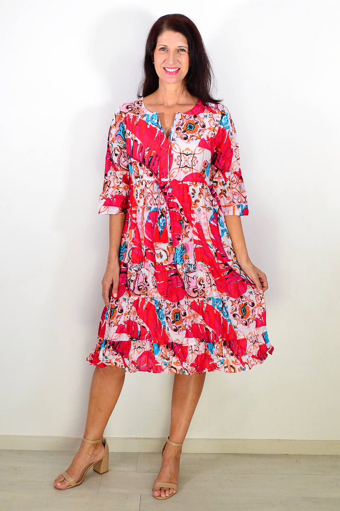 Rebecca Pink Tie Neck Tunic Dress by One Summer, showing a stylish pink tunic with a tie neck and relaxed fit.