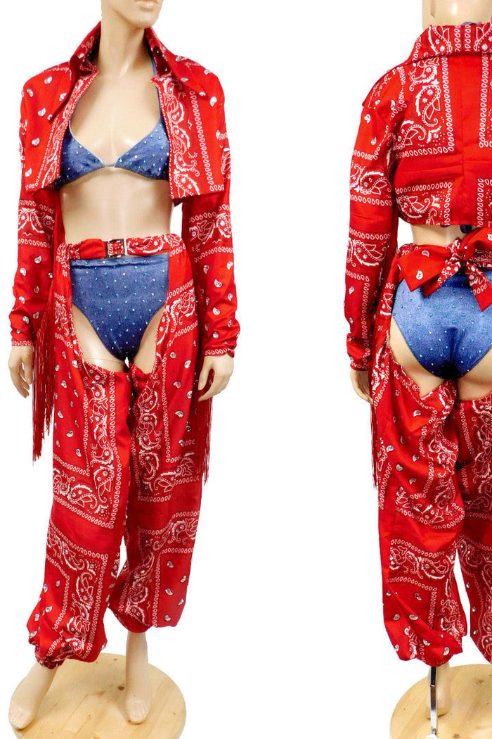 Red Bandana Cowgirl Jacket and Chaps with Stretch Jean Bikini Costume